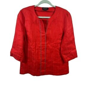 Pendleton‎ Linen Top Red Pull Over V Neck 3/4 Sleeve SZ 8 Preppy Vacation